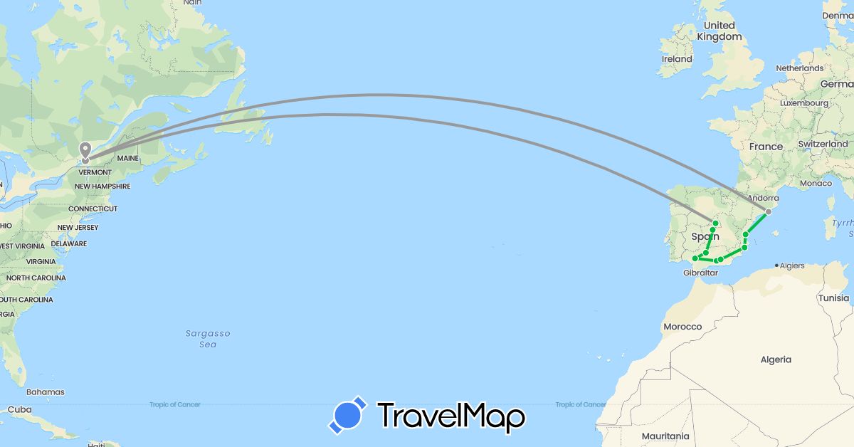 TravelMap itinerary: bus, plane in Canada, Spain (Europe, North America)